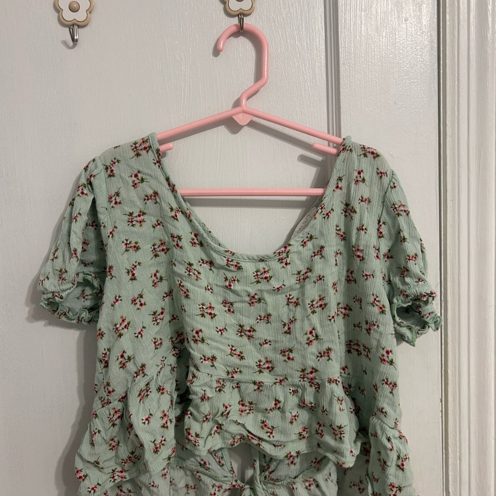 Green floral tie back blouse